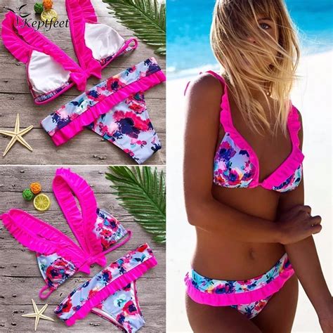 Sexy Women Beautiful Bowknot Back Ruffled Bikini Set Push Up Padded Floral Printed Swimwear