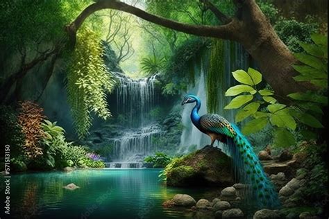 Beautiful Nature Lovely Place Tree Park Waterfall Peacock Bird On
