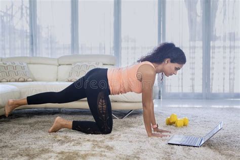 Indian Woman Doing Yoga Exercises With Laptop Stock Photo Image Of