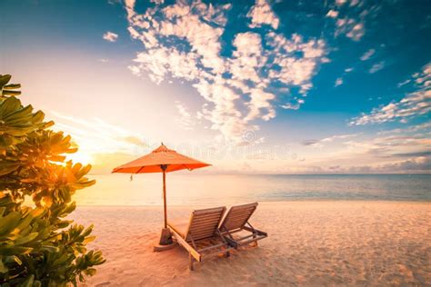 Beautiful Beach Sunset Sun Beds Relaxing Mood Stock Photos Free