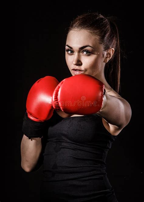 Beautiful Young Woman In A Red Boxing Gloves Stock Photo Image Of