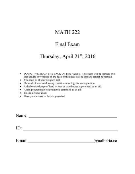 Final Winter 2016 Questions Math 222 Final Exam Thursday April 21