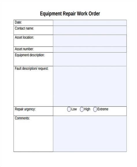 Equipment Work Order Template Tutoreorg Master Of Documents