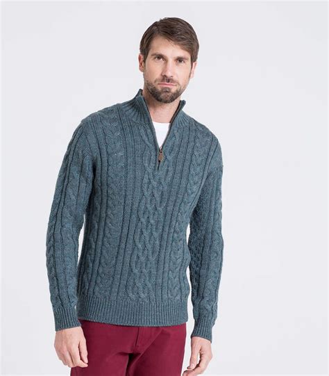 Kiltimagh Mens Pure Wool Aran Cable Zip Neck Knitted Sweater