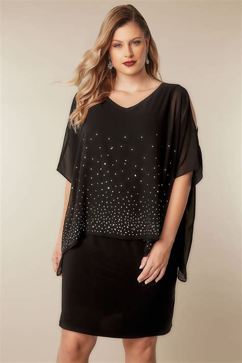 With a scoop front neckline and shoulder straps, this. Black Studded Layered Cape Dress, Plus size 16 to 36