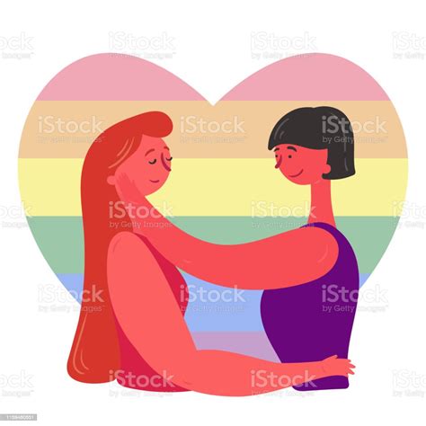 Loving Couple Lesbians Hug Lgbt Flag Background Stock Illustration