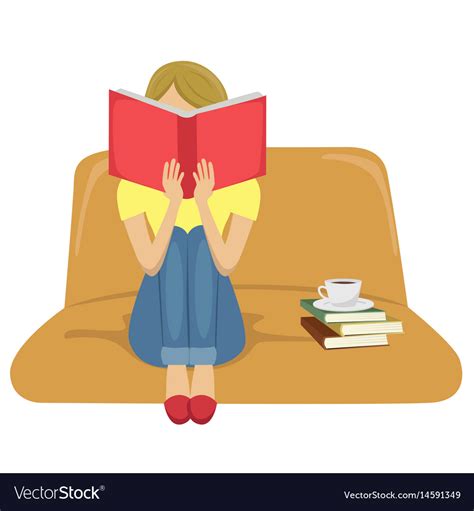 Young Woman Reading Book Sitting On Sofa Vector Image