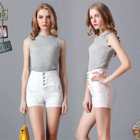 2018 Spring Ladies European Style White Denim Shorts High Waist Slim