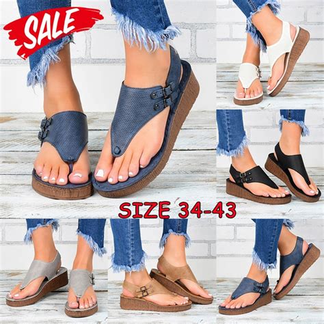 women summer retro buckle belt sandals fashion solid color clip toe wedge flip flops casual anti