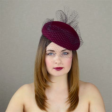 Darla Burgundy Felt Pillbox Hat With Birdcage Veil Rubina Millinery