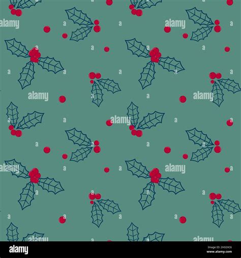 Holly With Red Berries On A Green Background Seamless Christmas Pattern