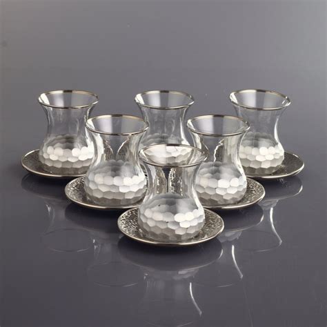 Silver Color Honeycomb Patterned Turkish Tea Glass Set Traditional Turk