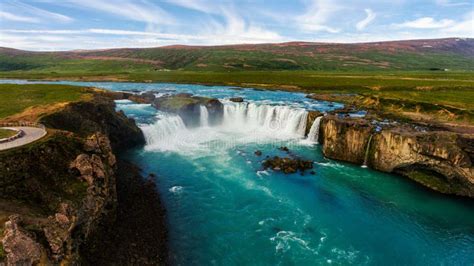 The Aerial View Of The Beautiful Blue Waterfall Of Godafoss Iceland In