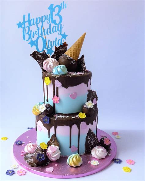 2 Tier Ice Cream Cone Chocolate Drip Birthday Cake Karens Cakes