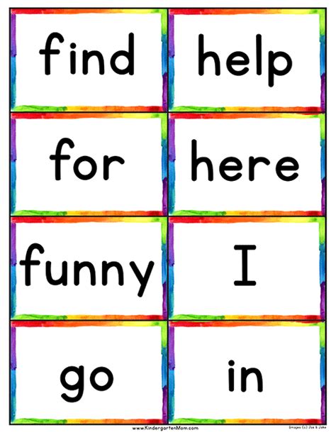 Kindergarten Sight Words Printables Flashcard