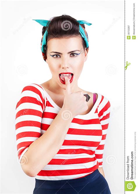Pinup Kobieta Z Otwartymi Usta I Czerwieni Wargami Obraz Stock Obraz