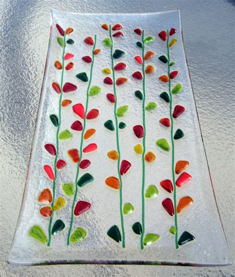 Fused Glass Platter Blooming Branches In Red Orange And Yellow