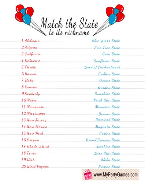 Free Printable Match The State To Its Nickname Game