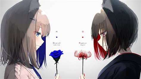 Anime Original Animal Ears Black Hair Blue Eyes Blue Rose Red