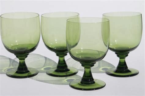 vintage green glass water goblets or large wine glasses moss olive avocado green