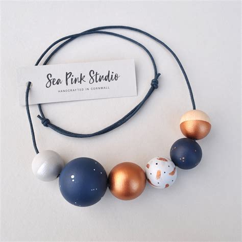 Navy Bead Necklace Galaxy Inspired Navy Beads Hand Painted Etsy