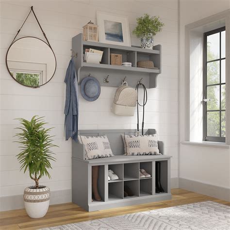 Woodland 40w Entryway Bench With Shelves And Wall Mounted Coat Rack In