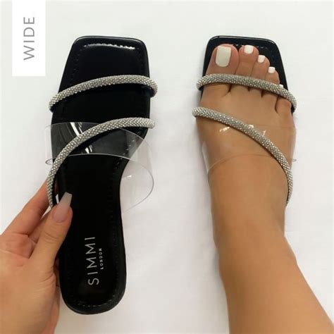 Madelyn Wide Fit Black Patent Clear Diamante Strap Sandals