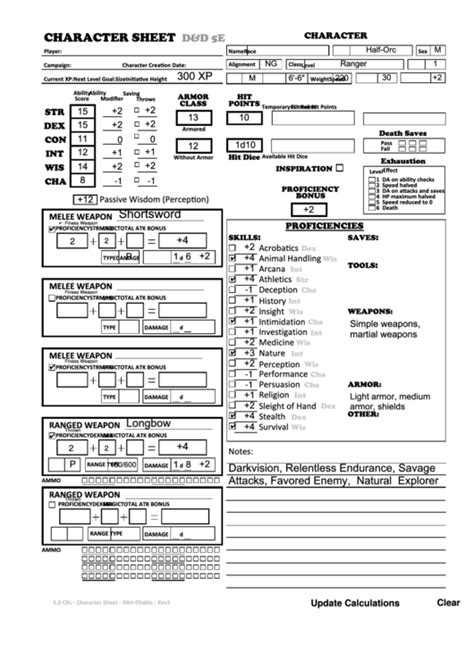 Character Sheet Dandd 5e Half Orc Ranger Printable Pdf Download