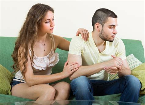 Woman Concoling Depressed Man Stock Photo Image Of Home Problems