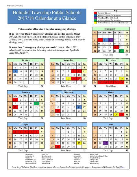 2017 2018 District Calendar Holmdel Township Public Schools
