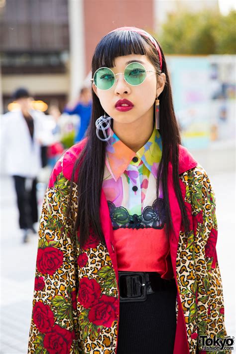 Japanese Fashion Student In Vintage Mixed Prints Street Style W