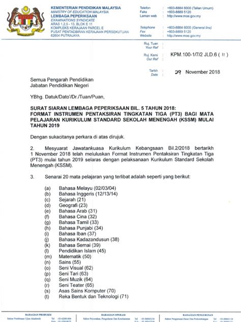 Jadual waktu peperiksaan pt3 yang diterbitkan memaparkan jadual waktu serta garis panduan dan arahan peperiksaan bertulis pt3 yang boleh dijadikan panduan dan rujukan buat semua calon sekolah di seluruh negeri di malaysia. Format PT3 tahun 2019.pdf