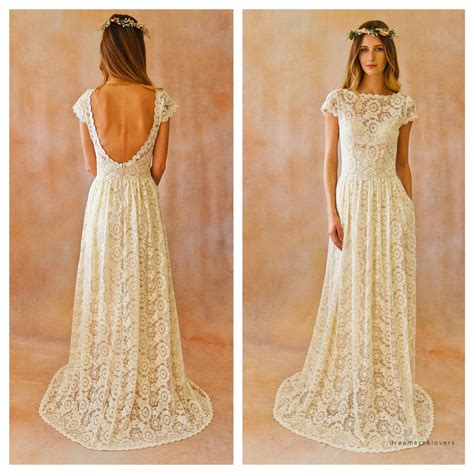 ivory or white lace bohemian backless wedding gown simple and