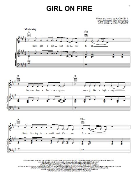 Girl On Fire Sheet Music Alicia Keys Piano Vocal And Guitar Chords