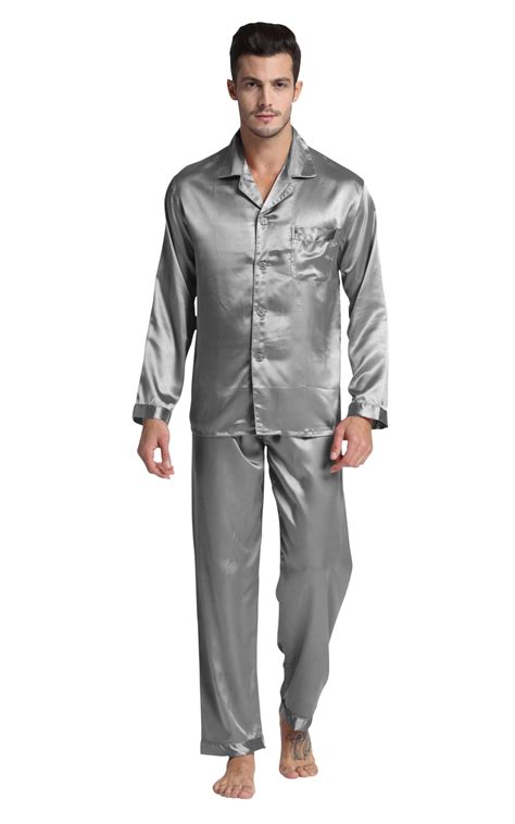 Mens Silk Satin Pajama Set Long Sleeve Gray Tony And Candice