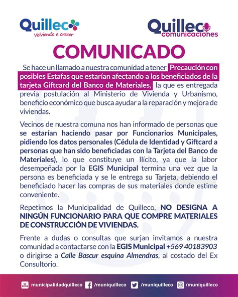 COMUNICADO POSIBLE ESTAFA DEL BANCO DE MATERIALES Municipalidad De