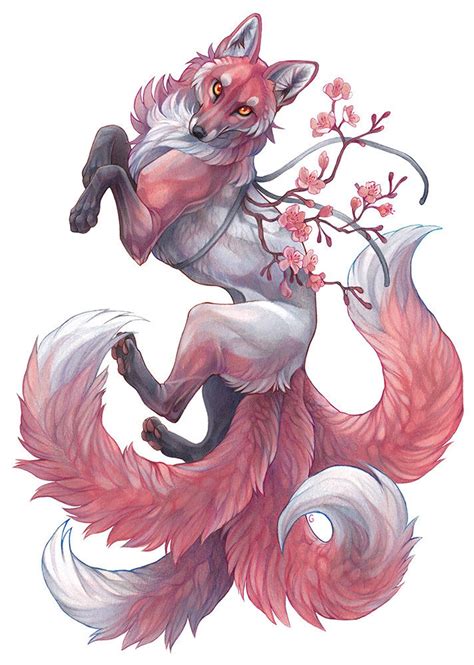 A4 Print Sakura Fox In 2021 Fox Artwork Fantasy Creatures Art