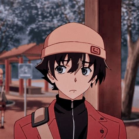 An Anime Character With Blue Eyes And A Red Jacket Standing In Front