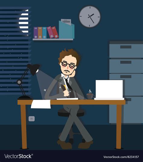 Man Working Late Night Deadline In Office Alone Vector Image