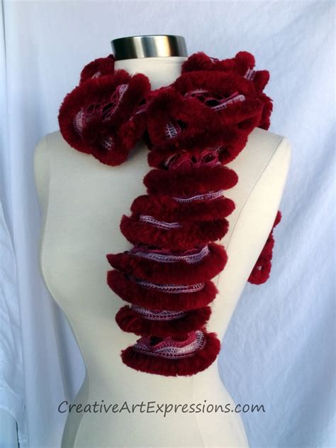 Creative Art Expressions Hand Knit Furry Red Ruffle Scarf Creative