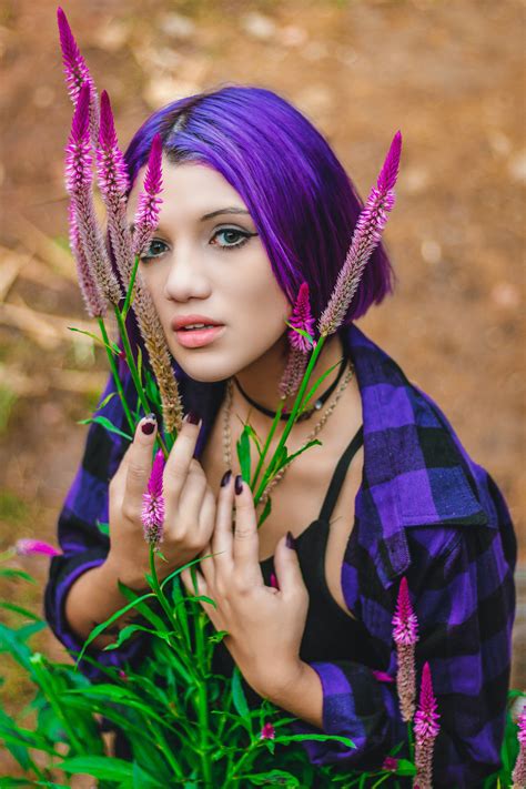 Photo Of Purple Haired Woman In Purple And Black Plaid Collared Shirt