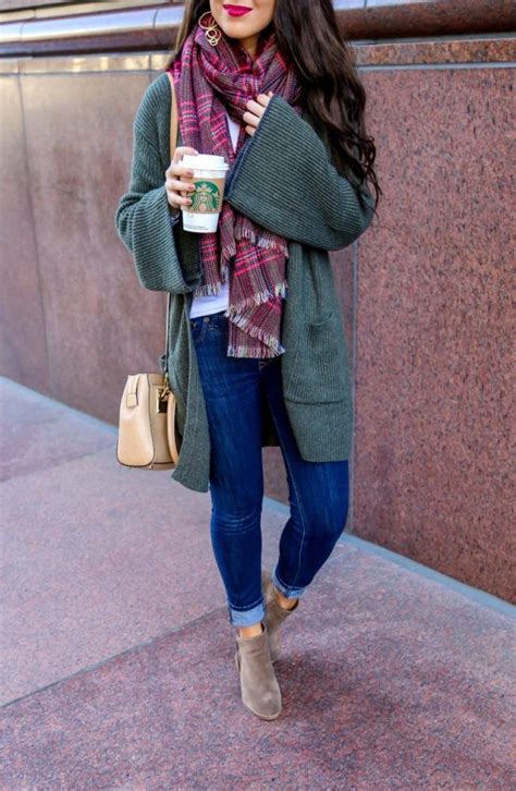 Olive Bell Sleeve Cardigan And Checkered Scarf For Fall Casual Fall Outfits Winter Outfits