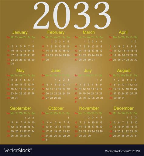 Calendar 2033 Royalty Free Vector Image Vectorstock