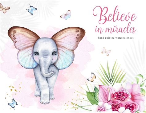 Watercolor Cute Baby Elephant With Butterfly Ears Etsy