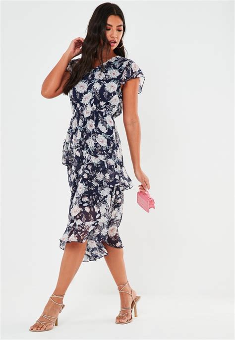 Navy Floral V Neck Ruffle Midi Dress Missguided Ireland