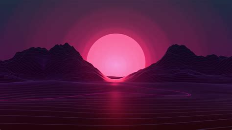 Wallpaper Retrowave Mountains Sunrise Sunset Purple Background