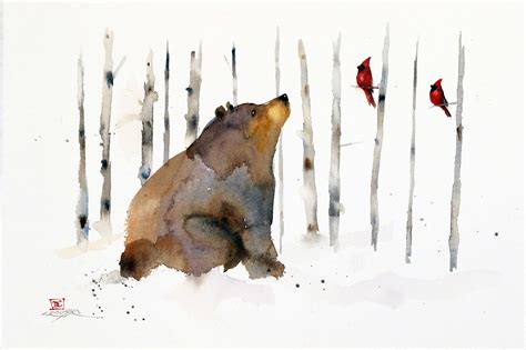 Black Bear Cardinal And Birch Trees Winter Watercolor Print By Dean
