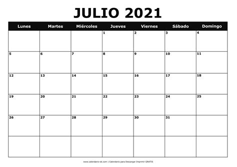 Plantilla Calendario 【julio 2021】 Para Imprimir Pdf