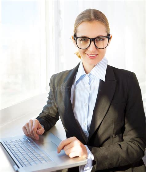 Young Pretty Business Woman Wearing Eyeglasses With Notebook Stock