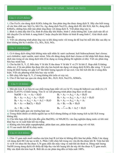 Đề thi HSG môn Hóa Học tại Thành phố Vinh tỉnh Nghệ An năm 2022